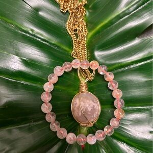 FLOWER AGATE wire wrap crystal sphere necklace & bracelet stainless steel set